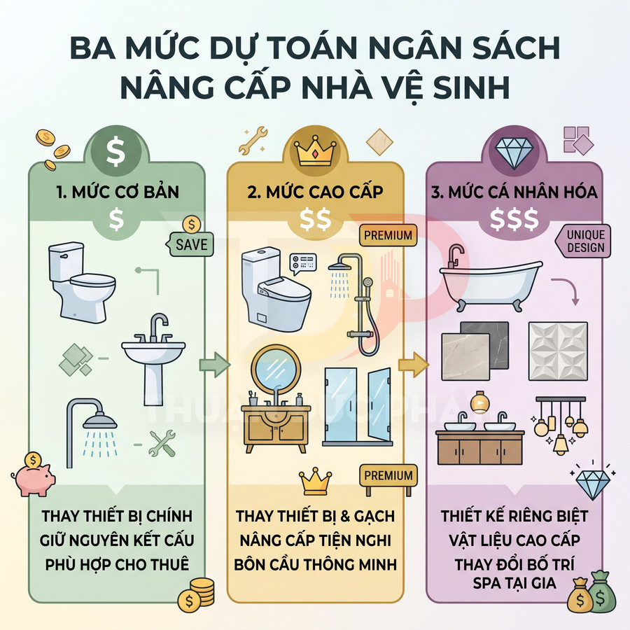 Ba mức ngân sách nâng cấp nhà vệ sinh từ cơ bản đến cao cấp và cá nhân hóa với thiết bị vệ sinh hiện đại