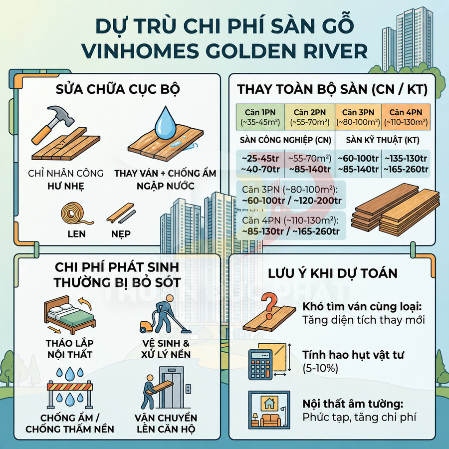 Infographic dự trù chi phí sửa chữa và thay mới sàn gỗ căn hộ Vinhomes Golden River