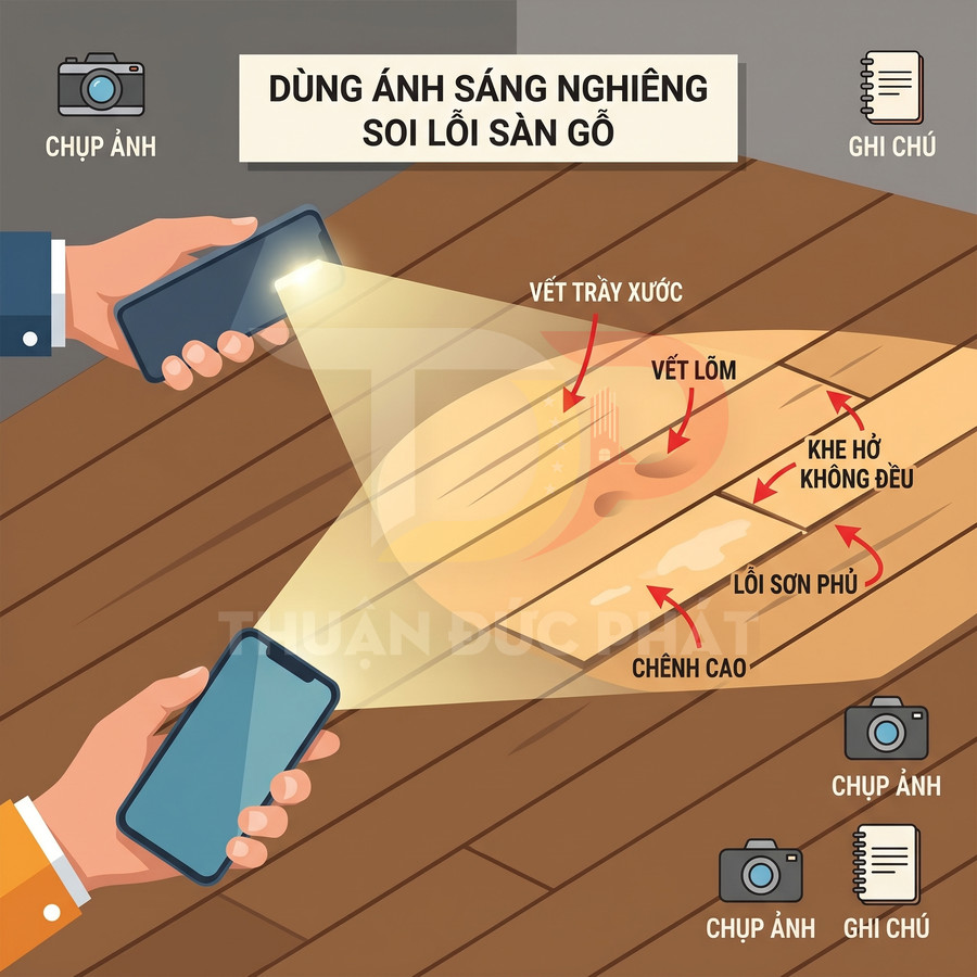 Dùng điện thoại soi ánh sáng nghiêng để kiểm tra vết trầy xước, vết lõm và lỗi khe hở trên sàn gỗ