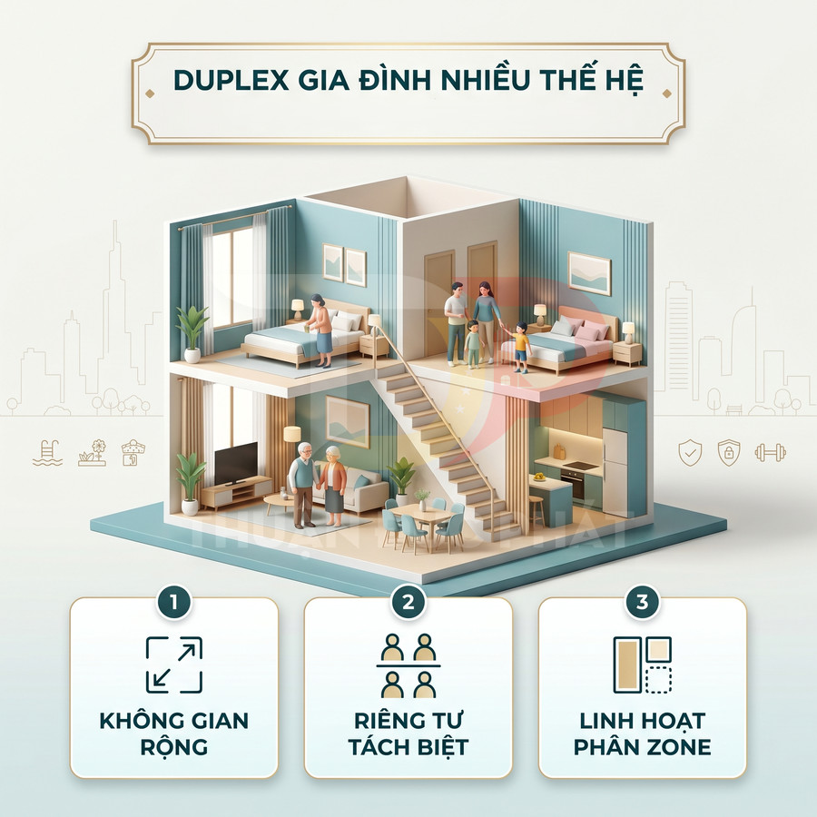 Mô hình căn hộ duplex gia đình nhiều thế hệ với không gian rộng, riêng tư tách biệt và linh hoạt phân chia khu vực