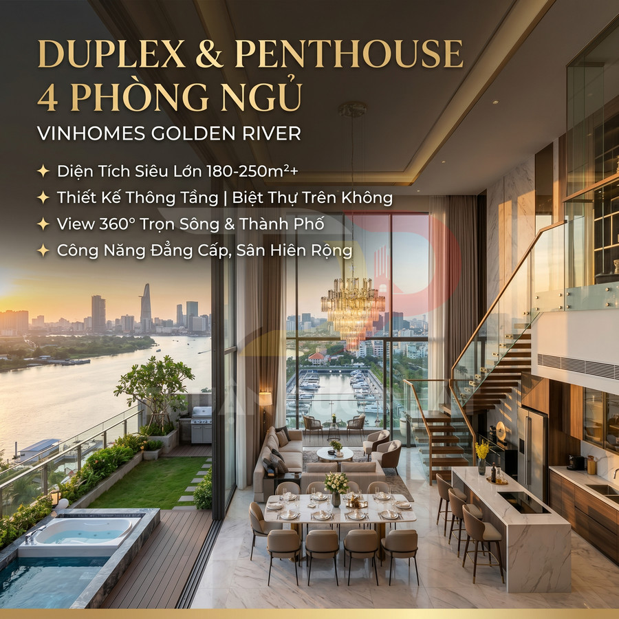 Căn hộ duplex penthouse 4 phòng ngủ Vinhomes Golden River sang trọng, view sông và thành phố, phòng khách bếp thông tầng