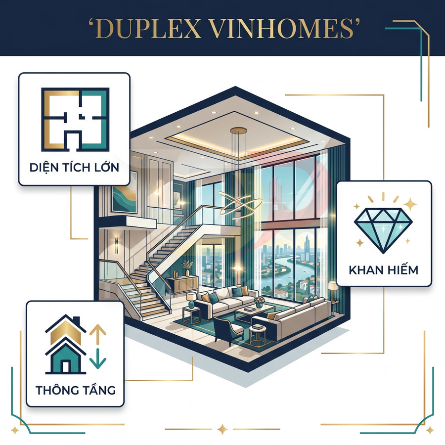 Căn hộ duplex Vinhomes thông tầng diện tích lớn, phòng khách sang trọng với cửa kính lớn view sông và thành phố