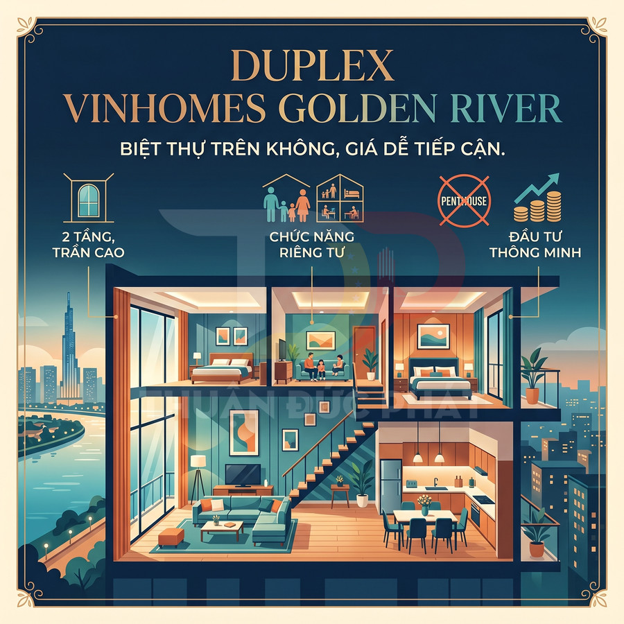 Căn hộ duplex Vinhomes Golden River hai tầng trần cao, phòng khách bếp và phòng ngủ sang trọng nhìn ra sông và thành phố