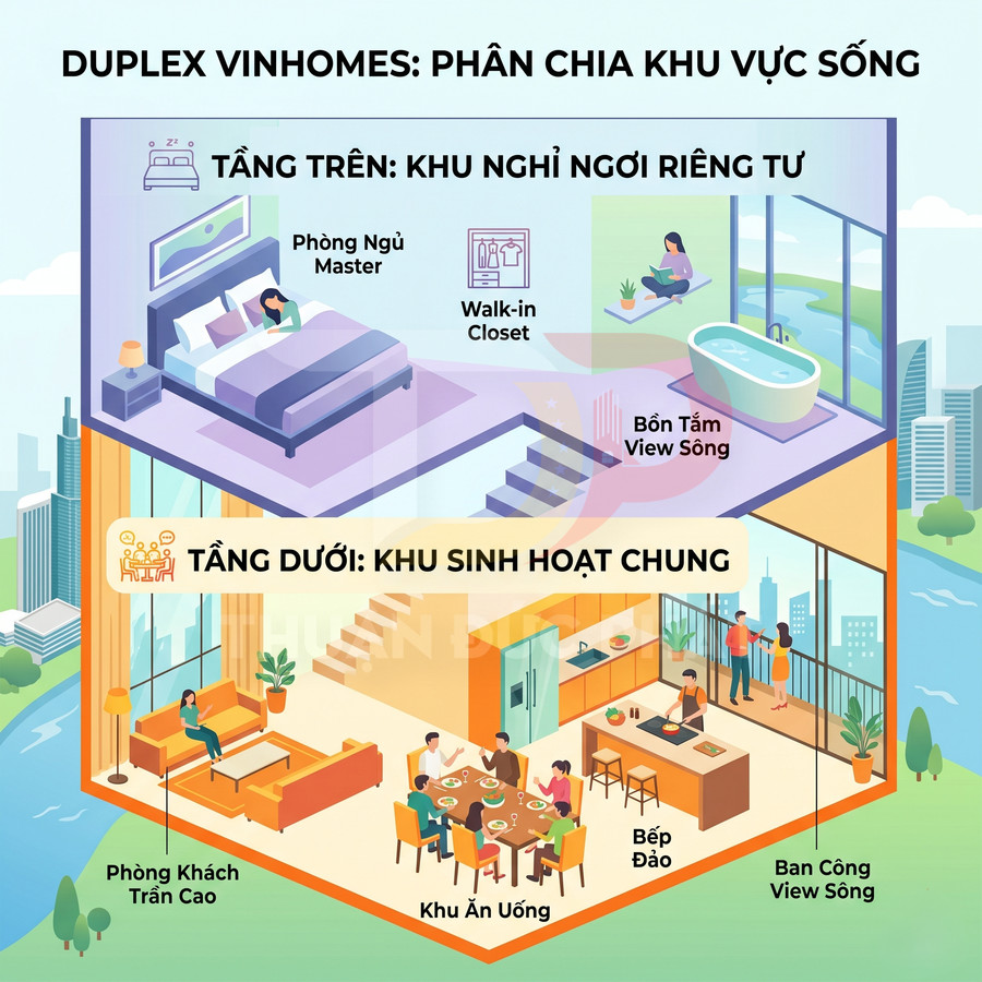 Mặt bằng duplex Vinhomes hai tầng với phòng ngủ master, bồn tắm view sông và khu bếp, phòng khách, ban công tầng dưới
