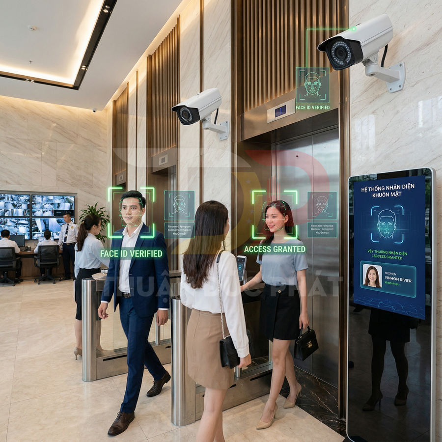 Hệ thống kiểm soát ra vào bằng nhận diện khuôn mặt với camera giám sát tại sảnh tòa nhà văn phòng