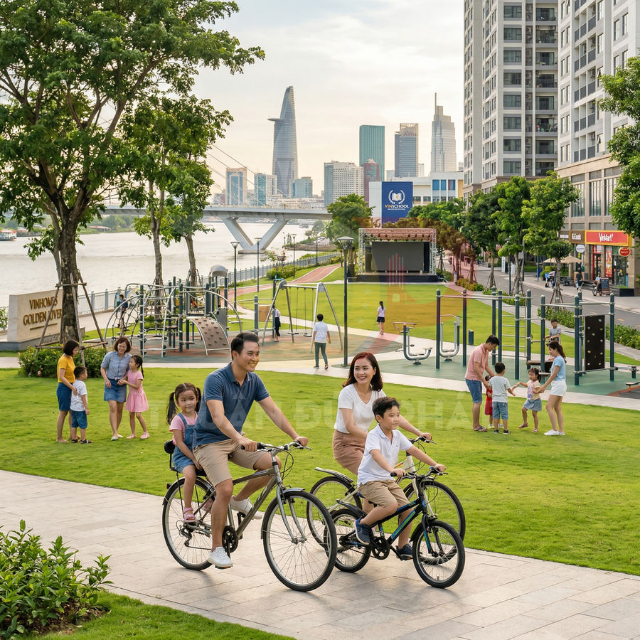 Gia đình đạp xe trong công viên ven sông Vinhomes Golden River giữa khu dân cư hiện đại