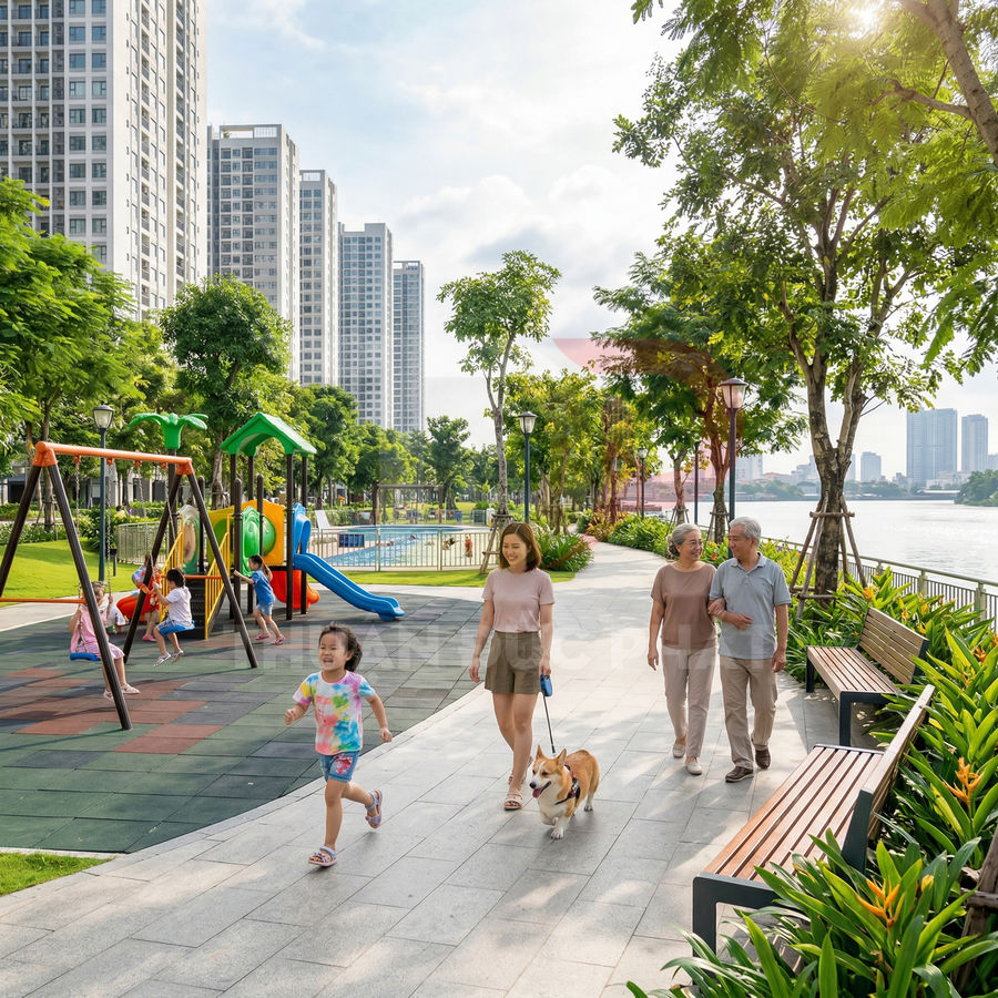 Gia đình dạo bộ cùng chó trên lối đi ven sông cạnh khu vui chơi trẻ em trong khu chung cư hiện đại