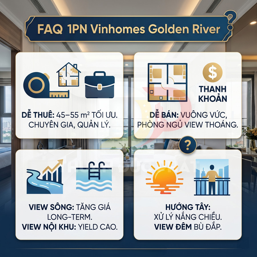 Infographic FAQ căn hộ 1 phòng ngủ Vinhomes Golden River với ưu điểm cho thuê, thanh khoản, view sông và hướng Tây