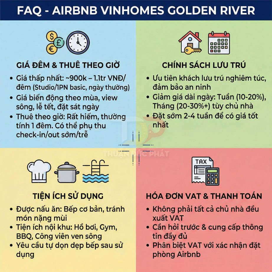 FAQ Airbnb Vinhomes Golden River giới thiệu giá thuê, chính sách lưu trú, tiện ích và hóa đơn VAT cho khách lưu trú