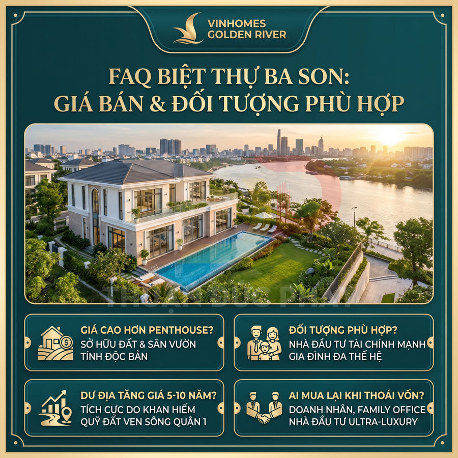 Biệt thự Vinhomes Golden River Ba Son ven sông với hồ bơi riêng và sân vườn cao cấp
