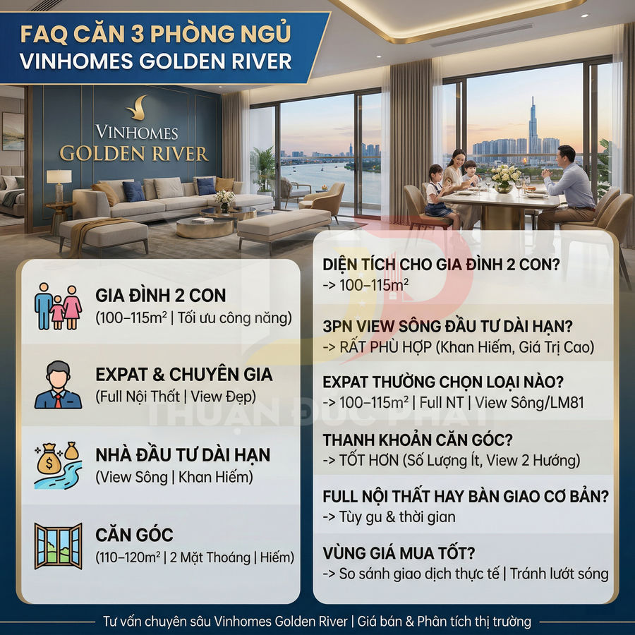 Tư vấn căn hộ 3 phòng ngủ Vinhomes Golden River, phòng khách sang trọng view sông và gia đình quây quần bên bàn ăn