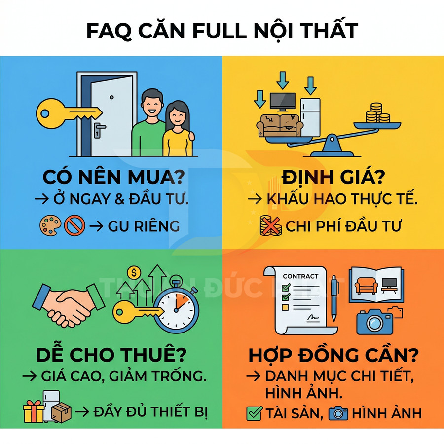 Infographic FAQ căn hộ full nội thất về mua, định giá, cho thuê và hợp đồng kèm biểu tượng minh họa