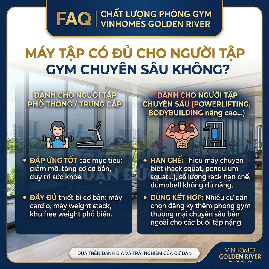 Infographic FAQ giới thiệu chất lượng phòng gym Vinhomes Golden River và thiết bị cho người tập phổ thông, trung cấp, chuyên sâu