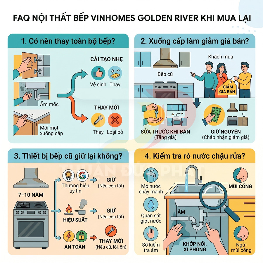 Infographic hướng dẫn xử lý nội thất bếp Vinhomes Golden River khi mua lại, tập trung cải tạo và kiểm tra thiết bị bếp