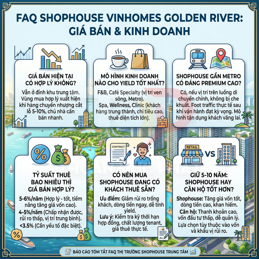 Infographic FAQ về giá bán và kinh doanh shophouse Vinhomes Golden River tại khu đô thị ven sông
