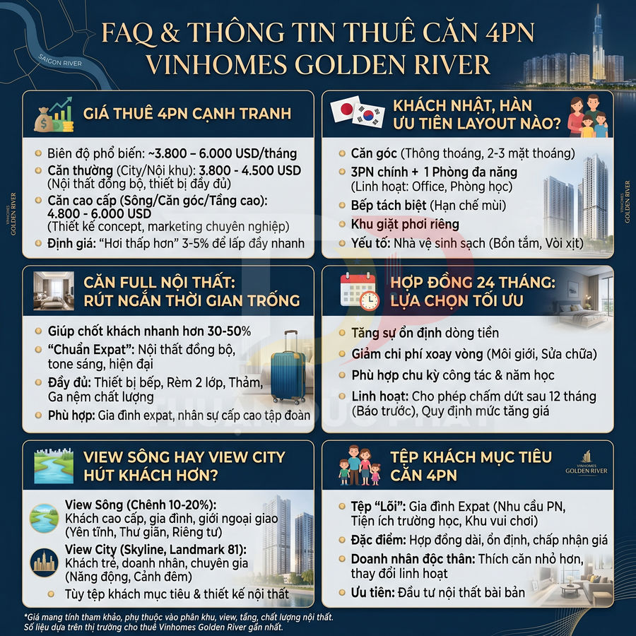 Infographic FAQ thông tin thuê căn hộ 4 phòng ngủ Vinhomes Golden River, giá thuê, nội thất, hợp đồng, khách mục tiêu