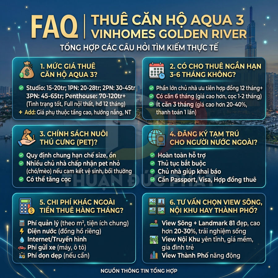 FAQ thuê căn hộ Aqua 3 Vinhomes Golden River với bảng giá, chính sách thú cưng và chi phí thuê tổng hợp