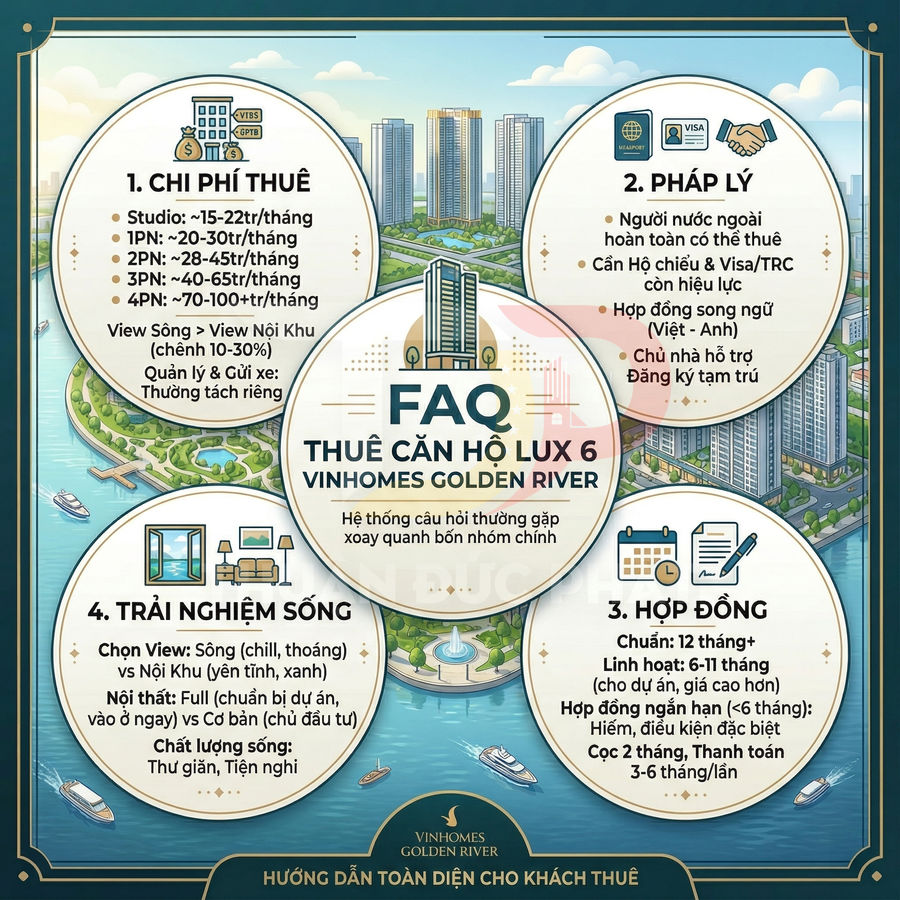 Infographic FAQ thuê căn hộ Lux 6 Vinhomes Golden River với thông tin chi phí, pháp lý, hợp đồng và trải nghiệm sống