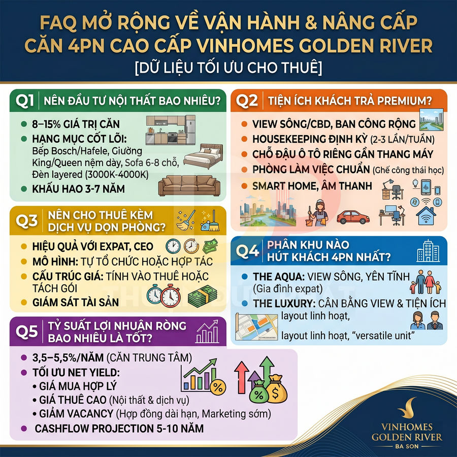Infographic FAQ đầu tư vận hành và nâng cấp căn hộ 4 phòng ngủ cao cấp Vinhomes Golden River cho thuê