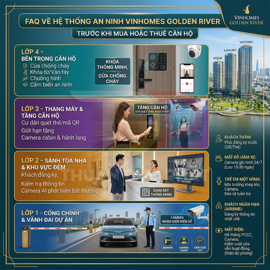 Hệ thống an ninh nhiều lớp tại khu căn hộ Vinhomes Golden River với camera, khóa cửa thông minh và kiểm soát ra vào