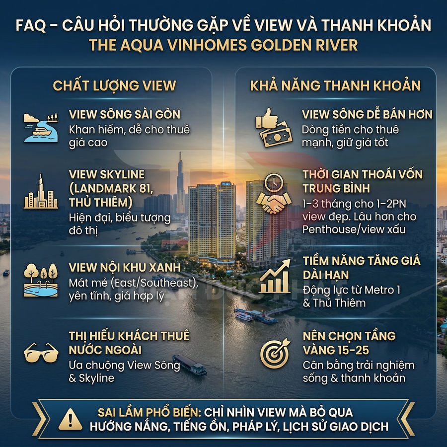 Infographic giới thiệu ưu điểm view và khả năng thanh khoản căn hộ The Aqua Vinhomes Golden River bên sông Sài Gòn