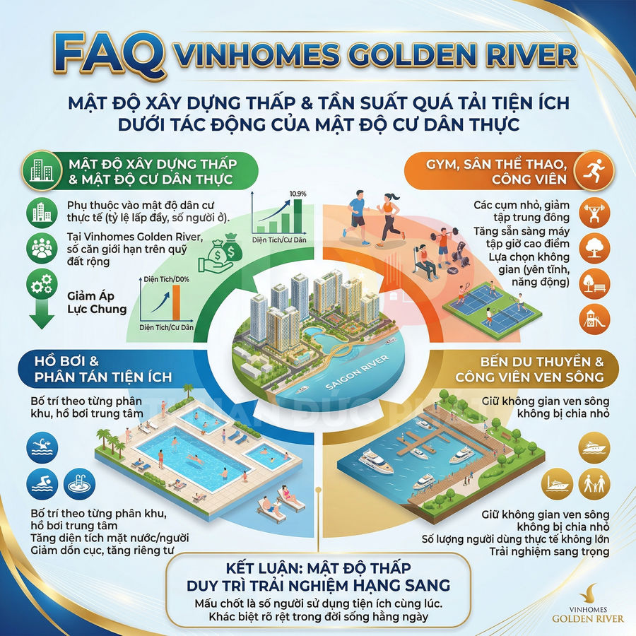 Infographic giới thiệu tiện ích, mật độ xây dựng thấp và trải nghiệm cao cấp tại dự án Vinhomes Golden River