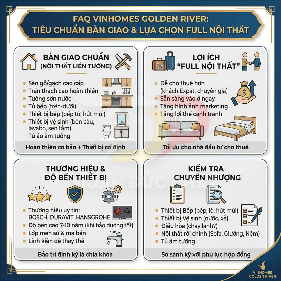 Infographic tiêu chuẩn bàn giao và lựa chọn full nội thất dự án Vinhomes Golden River