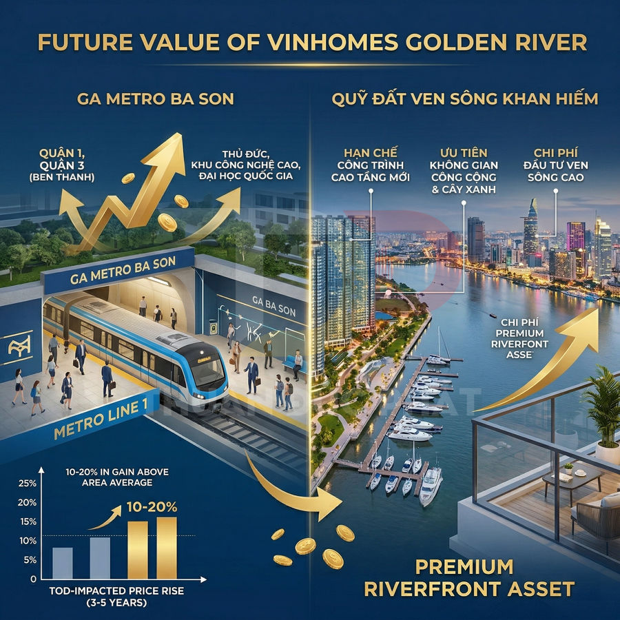 Phối cảnh dự án căn hộ Vinhomes Golden River ven sông Sài Gòn cạnh ga metro Ba Son và bến du thuyền