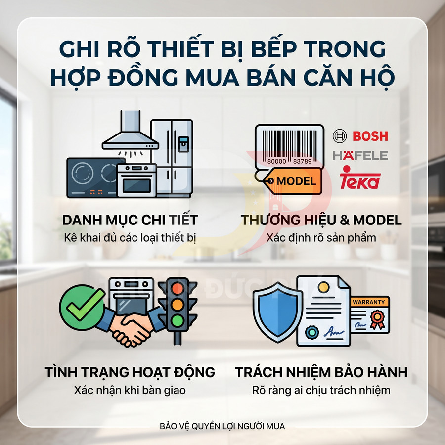 Infographic hướng dẫn ghi rõ thiết bị bếp Bosch Hafele Teka và bảo hành trong hợp đồng mua bán căn hộ