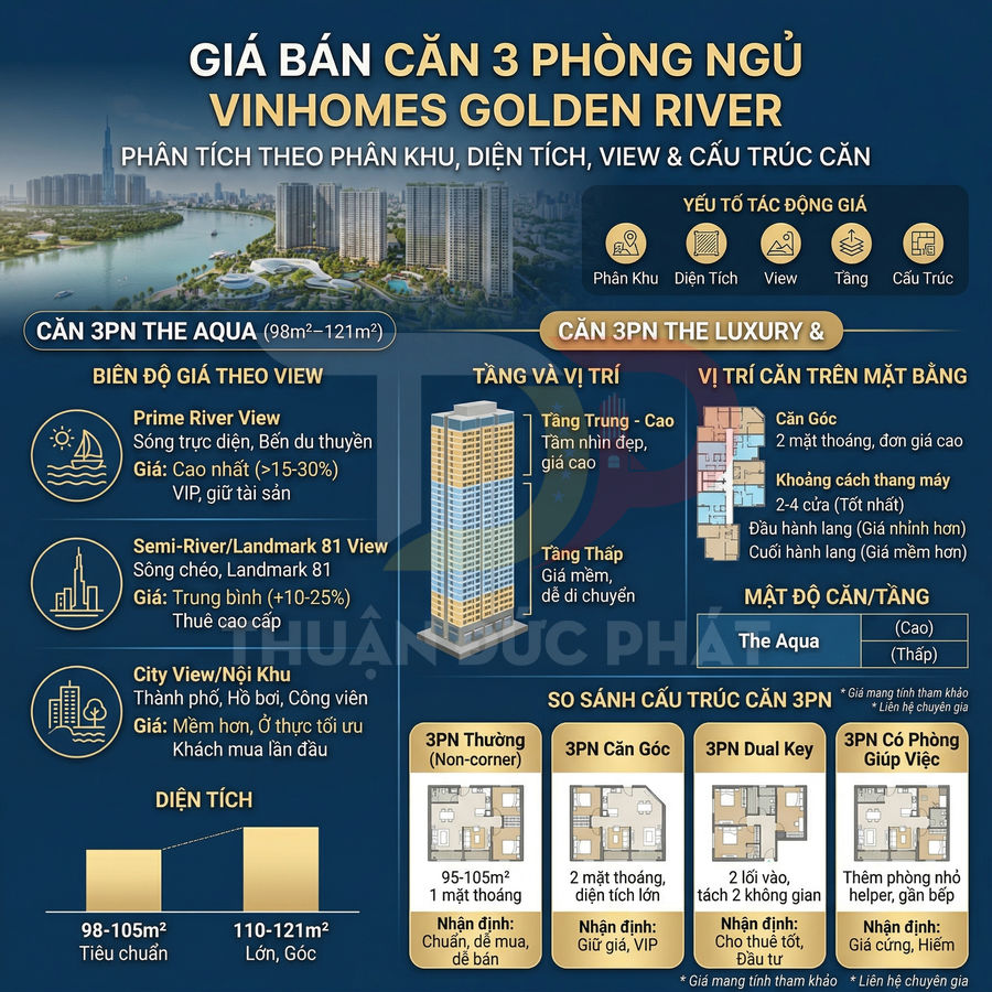 Infographic giá bán căn hộ 3 phòng ngủ Vinhomes Golden River, phân tích diện tích, view và cấu trúc căn The Aqua