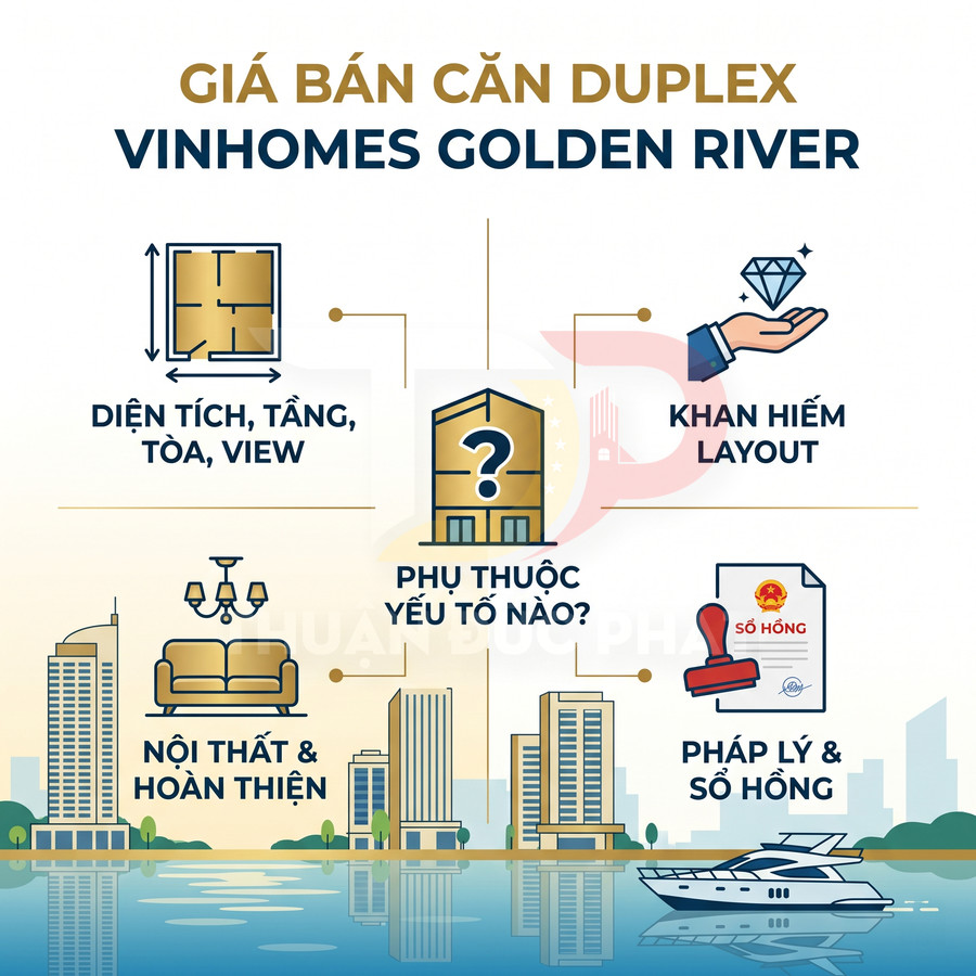 Các yếu tố ảnh hưởng giá bán căn hộ duplex Vinhomes Golden River như diện tích, nội thất, pháp lý, độ hiếm layout