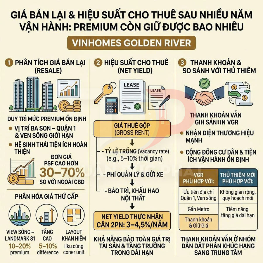 Infographic phân tích giá bán lại và hiệu suất cho thuê căn hộ Vinhomes Golden River tại TP HCM