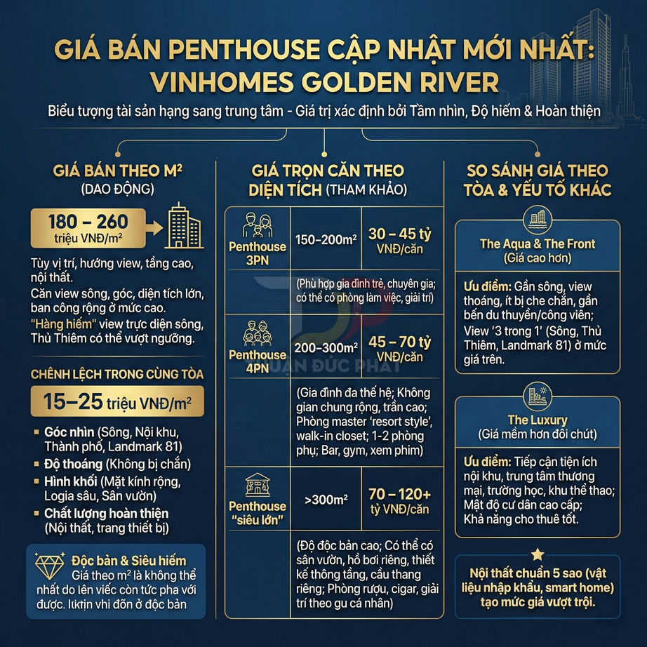 Bảng thông tin giá bán penthouse Vinhomes Golden River với các mức giá và diện tích chi tiết