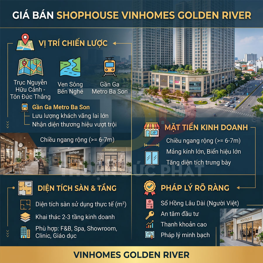 Thông tin giá bán và ưu điểm shophouse Vinhomes Golden River với hình ảnh mặt tiền kinh doanh hiện đại
