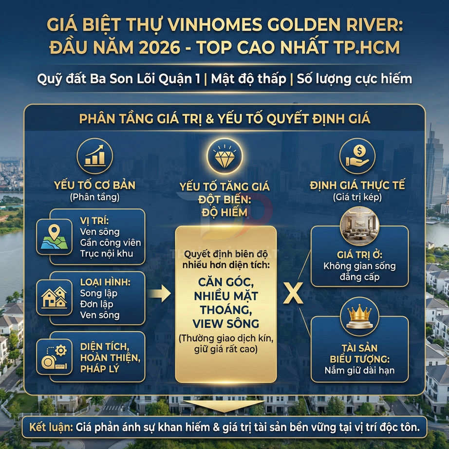 Infographic phân tích giá trị và yếu tố quyết định giá biệt thự Vinhomes Golden River tại TP.HCM năm 2026