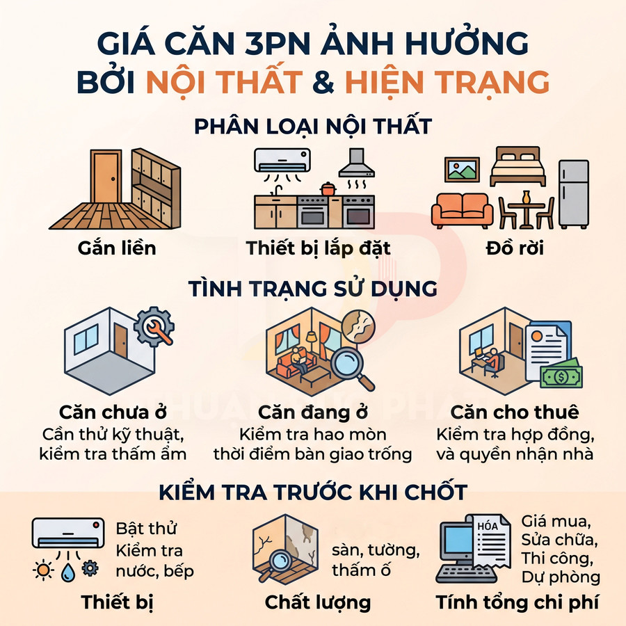 Các yếu tố ảnh hưởng giá căn hộ 3 phòng ngủ gồm nội thất, tình trạng sử dụng và hạng mục cần kiểm tra trước khi chốt mua