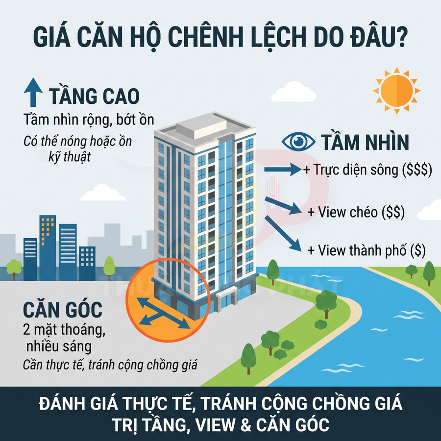 Tòa căn hộ bên sông minh họa các yếu tố ảnh hưởng giá như tầng cao, tầm nhìn và căn góc