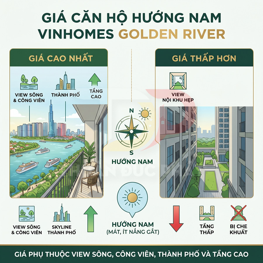 So sánh giá căn hộ hướng Nam Vinhomes Golden River với view sông công viên và view nội khu hẹp