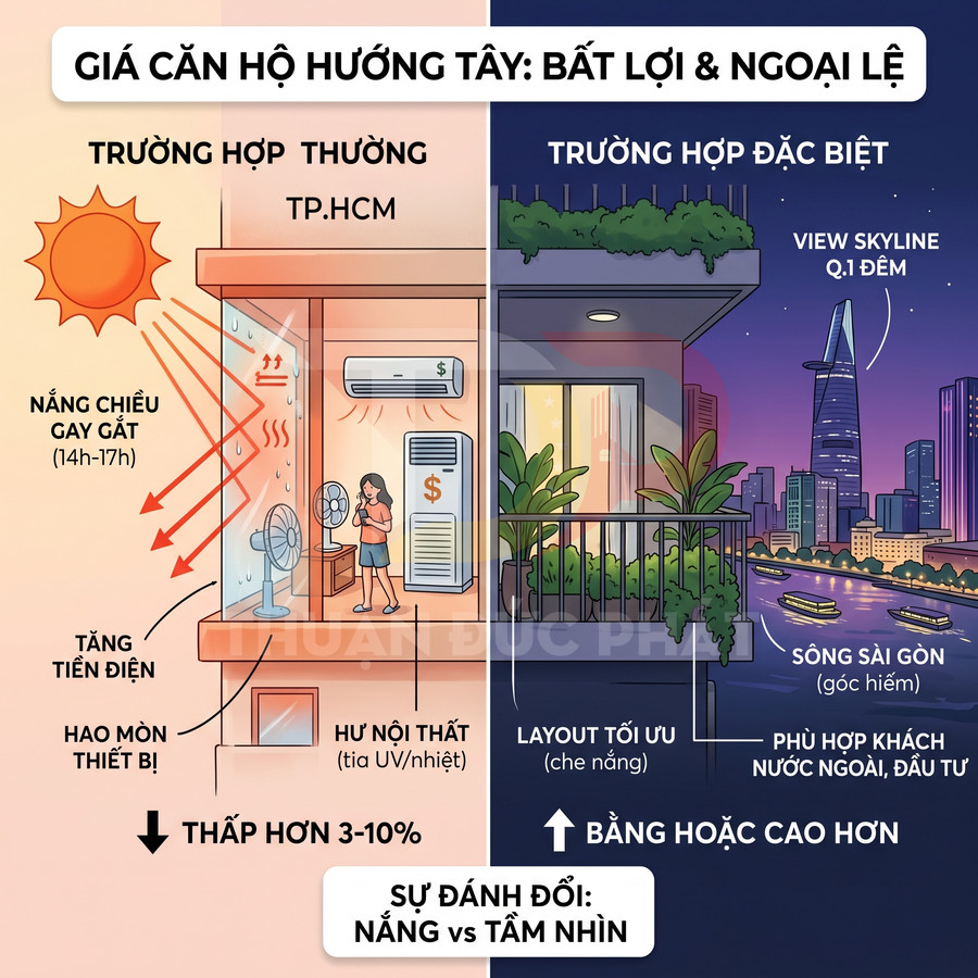 So sánh căn hộ hướng tây thường nắng gắt với căn hộ hướng tây có view sông Sài Gòn và skyline Q1 ban đêm