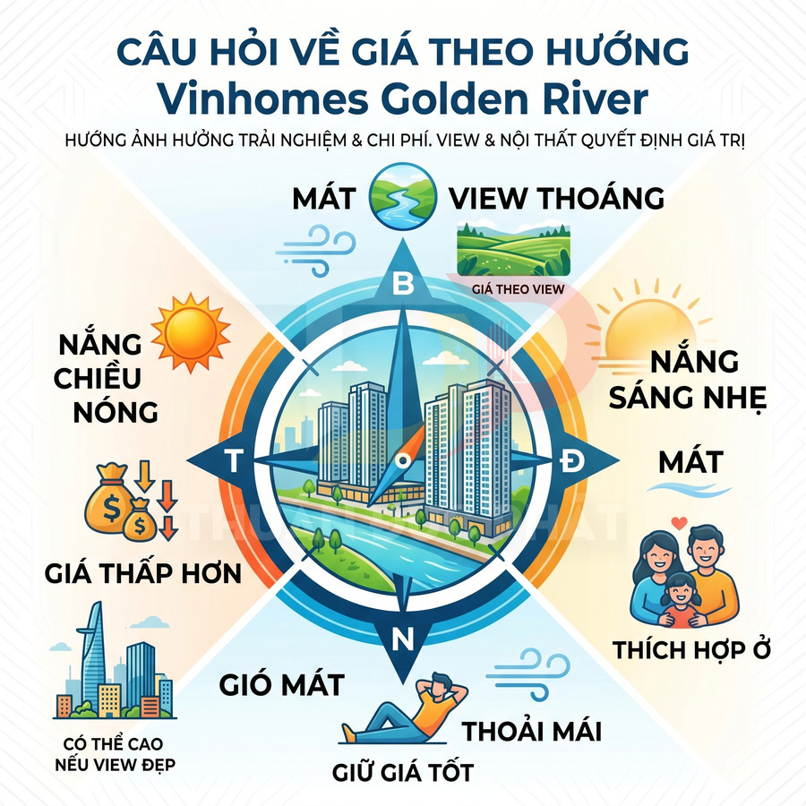 Sơ đồ hướng căn hộ Vinhomes Golden River với la bàn minh họa giá và trải nghiệm theo từng hướng ban công