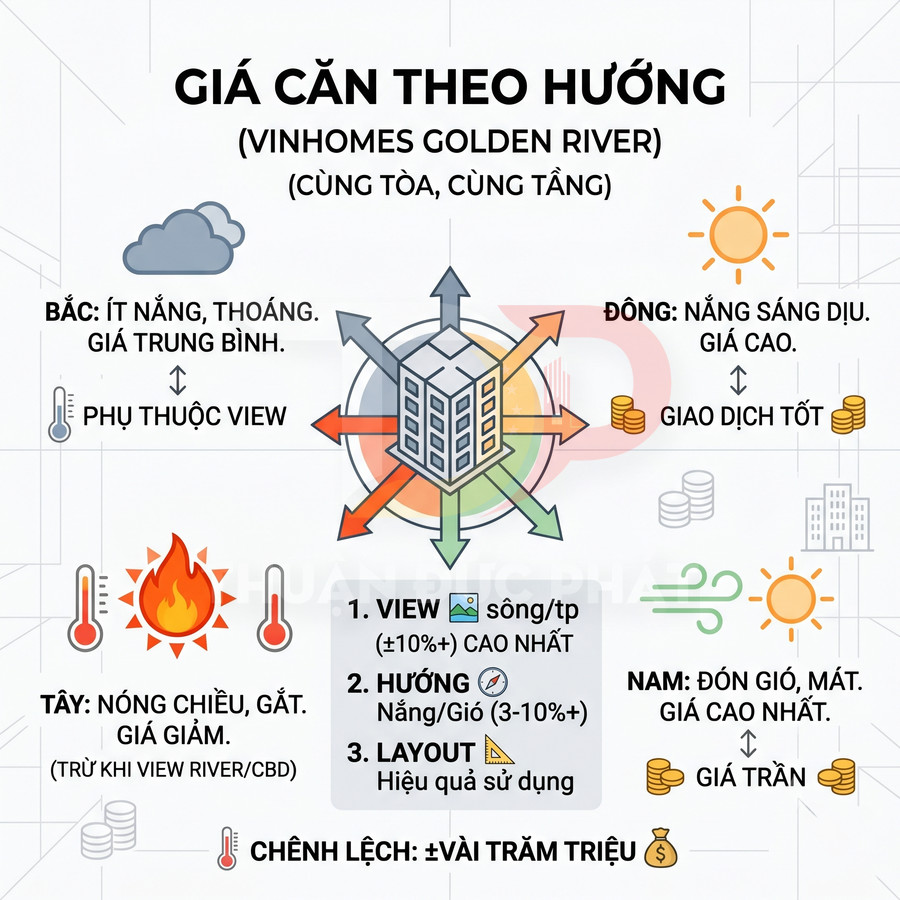 Infographic phân tích giá căn hộ Vinhomes Golden River theo hướng view, nắng gió và layout sử dụng