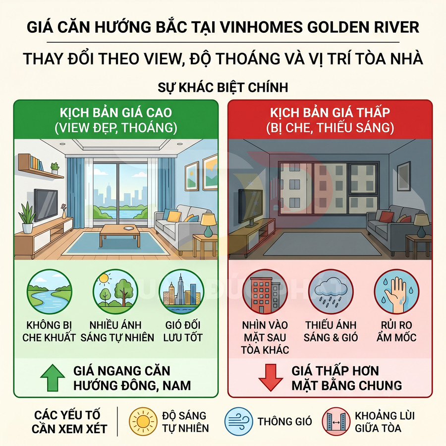 So sánh căn hộ hướng Bắc tại Vinhomes Golden River với view thoáng sáng và căn bị che thiếu sáng
