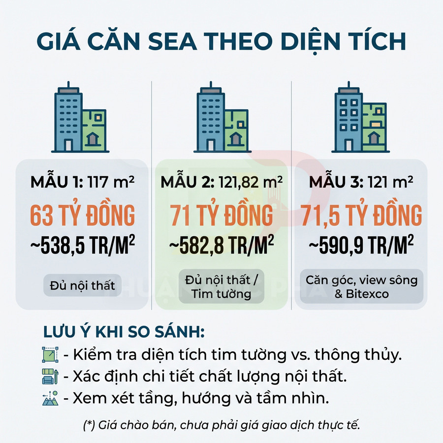 So sánh giá ba căn hộ diện tích 117 m², 121,82 m² và 121 m², giá từ 63 đến 71,5 tỷ đồng