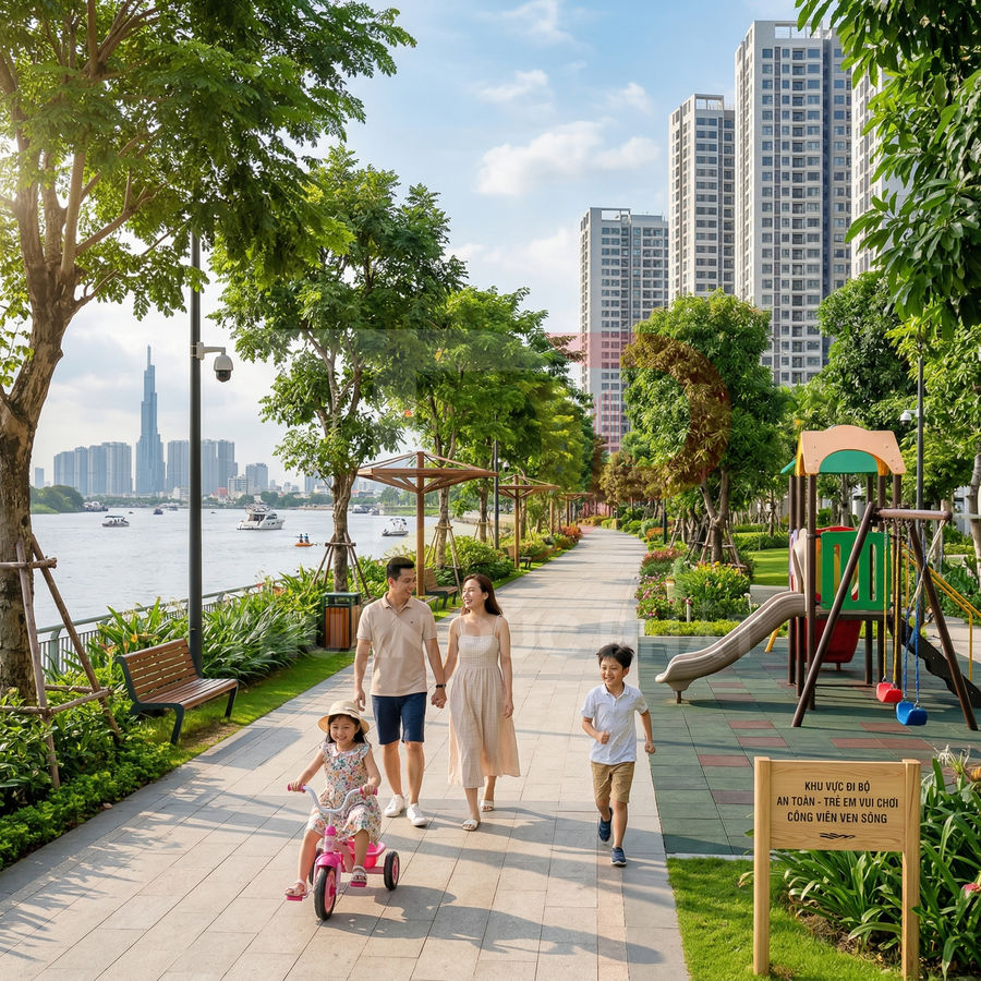 Gia đình dạo bộ và chơi đùa trong công viên ven sông xanh mát cạnh khu căn hộ cao tầng hiện đại