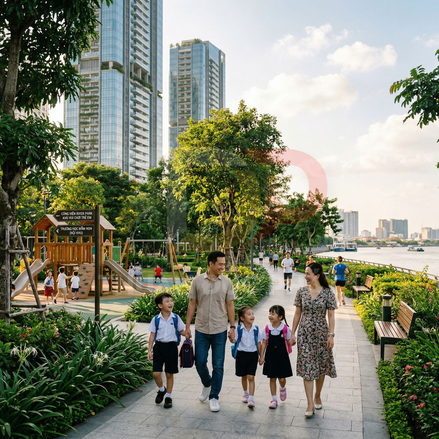 Gia đình dắt con đi dạo trong công viên ven sông xanh mát cạnh khu chung cư cao tầng