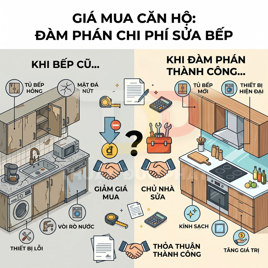 So sánh bếp cũ hư hỏng và bếp mới hiện đại sau khi đàm phán chi phí sửa chữa khi mua căn hộ