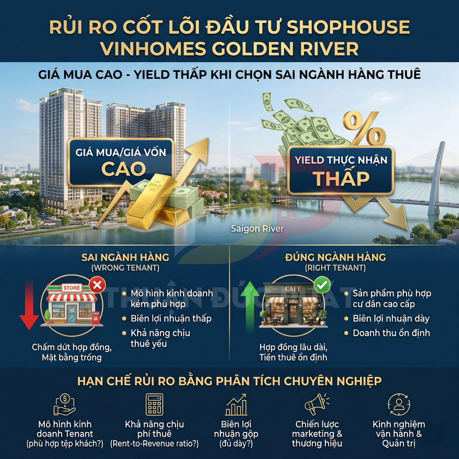 Infographic rủi ro đầu tư shophouse Vinhomes Golden River, so sánh chọn sai và đúng ngành hàng thuê