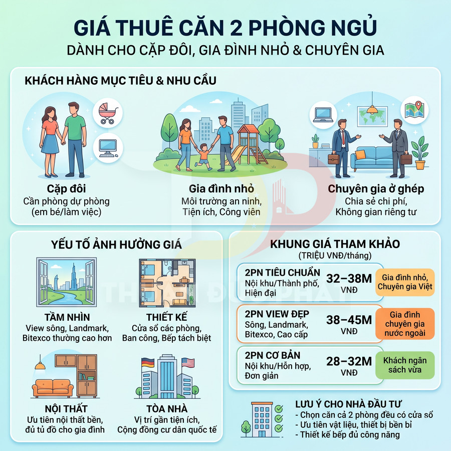 Infographic giá thuê căn hộ 2 phòng ngủ cho cặp đôi, gia đình nhỏ và chuyên gia tại khu đô thị hiện đại