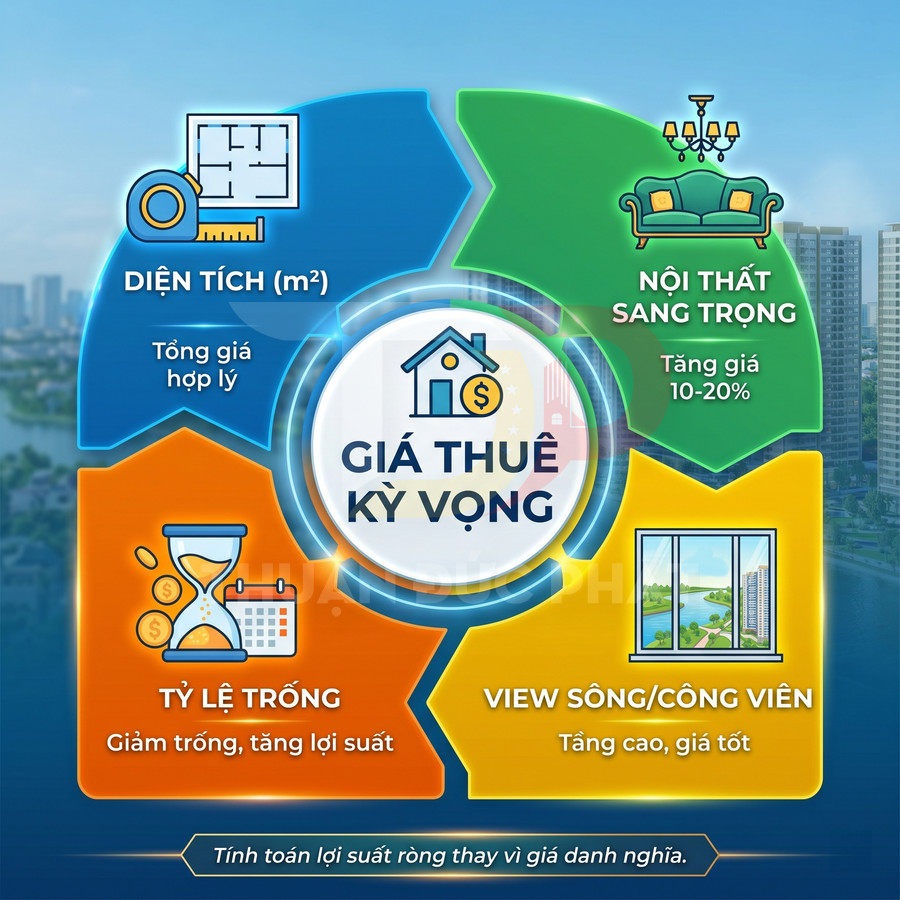 Infographic các yếu tố ảnh hưởng giá thuê kỳ vọng căn hộ: diện tích, nội thất, tỷ lệ trống, view sông công viên