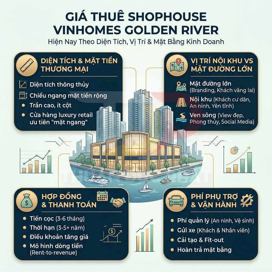 Infographic giá thuê shophouse Vinhomes Golden River với ưu điểm diện tích, vị trí, hợp đồng và phí vận hành